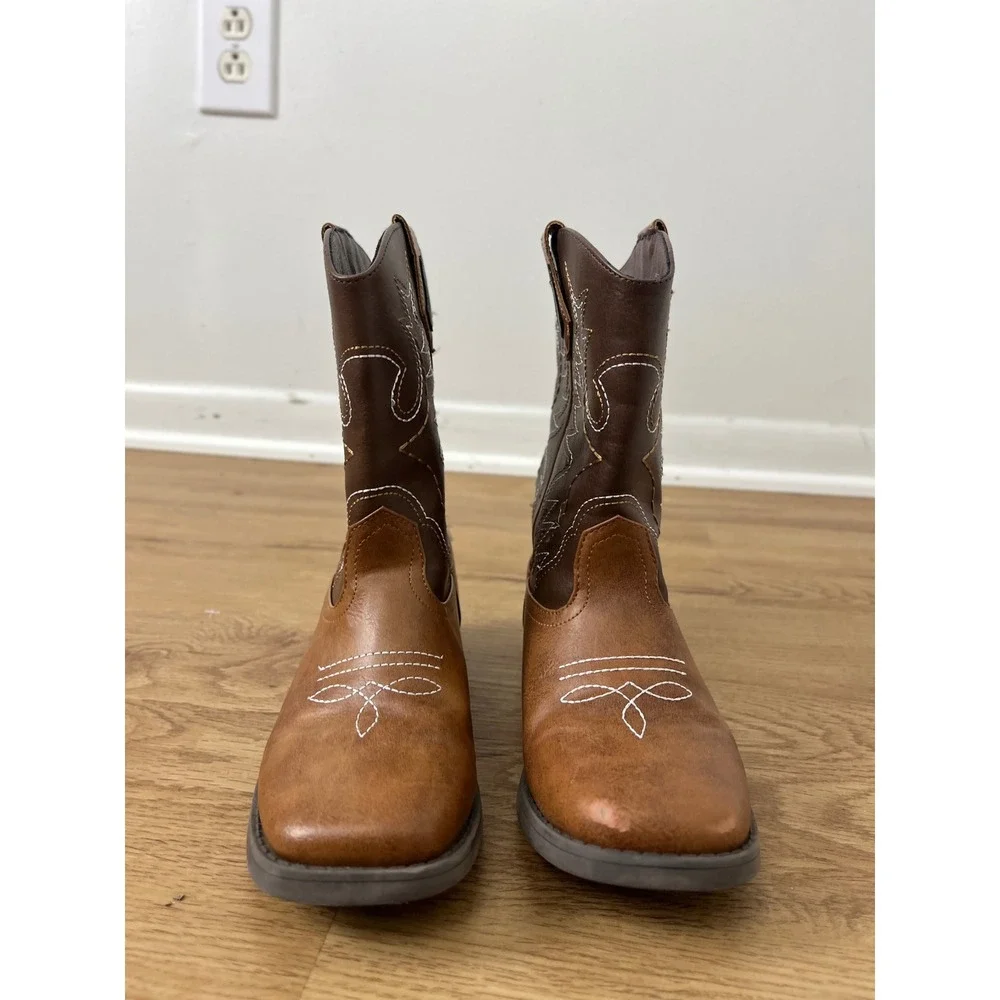 Wonder Nation Western Cowboy Boots Kids Size 1 Brown Contrast Stitch Square Toe